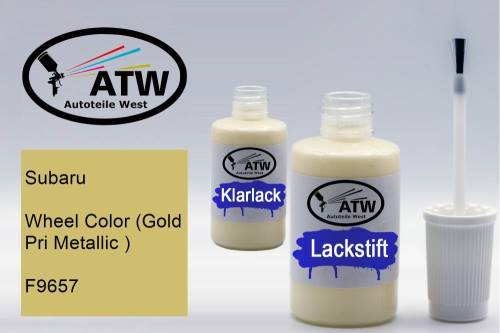Subaru, Wheel Color (Gold Pri Metallic ), F9657: 20ml Lackstift + 20ml Klarlack - Set, von ATW Autoteile West.